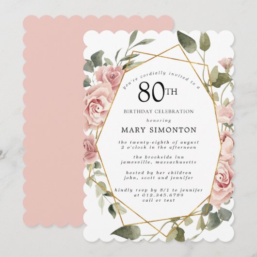 Dusty Pink Rose Floral 80th Birthday Party Invitat Kaart (Voorkant / Achterkant)