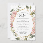 Dusty Pink Rose Floral 80th Birthday Party Invitat Kaart (Voorkant)