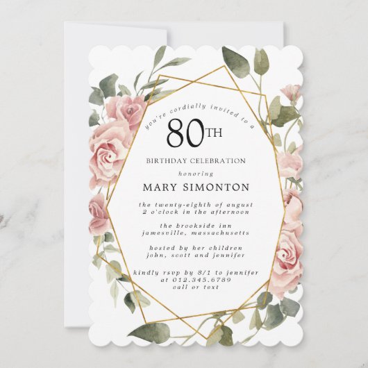 Dusty Pink Rose Floral 80th Birthday Party Invitat Kaart (Voorkant)