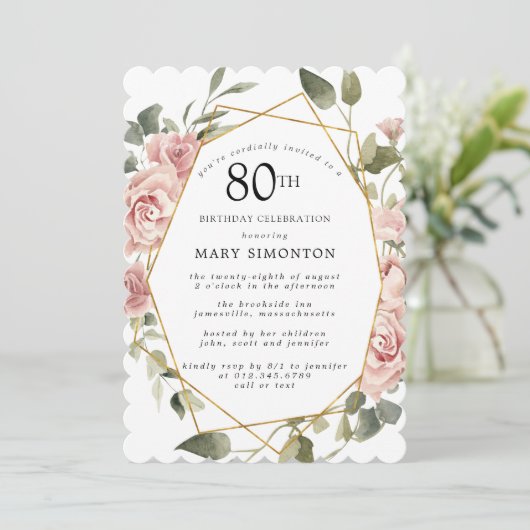 Dusty Pink Rose Floral 80th Birthday Party Invitat Kaart (Staand voorkant)