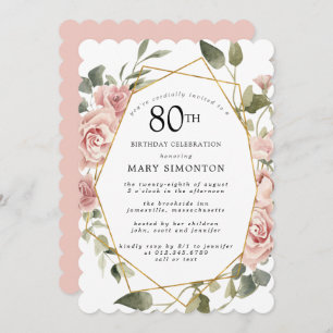 Dusty Pink Rose Floral 80th Birthday Party Invitat Kaart