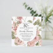 Dusty Pink Rose Floral 80th Birthday Uitnodiging (Staand voorkant)