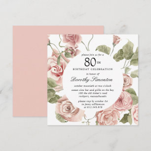 Dusty Pink Rose Floral 80th Birthday Uitnodiging