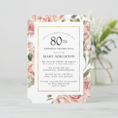 Dusty Pink Rose Floral 80th Gold Birthday Party Kaart (Staand voorkant)