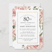Dusty Pink Rose Floral 80th Gold Birthday Party Kaart (Voorkant)