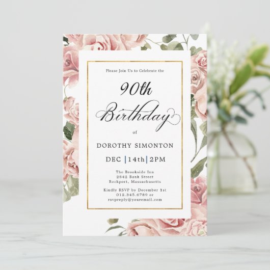 Dusty Pink Rose Floral 90e verjaardag Kaart (Staand voorkant)