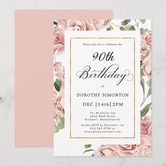 Dusty Pink Rose Floral 90e verjaardag Kaart (Voorkant / Achterkant)
