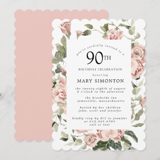 Dusty Pink Rose Floral 90e verjaardag Kaart (Voorkant / Achterkant)