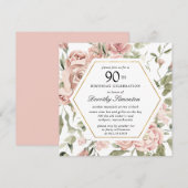 Dusty Pink Rose Floral 90e verjaardag Uitnodiging (Voorkant / Achterkant)