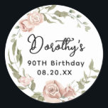 Dusty Pink Rose Floral 90th Birthday Envelope Seal Ronde Sticker<br><div class="desc">Zacht stoffige roze rozen creëer een mooie rustige florale kreet. Witte hydrangeas bij de florale bloei. Dank u wordt geschreven in een grote moderne manuscriptdoopvont. De naam van de vrouw en de 90ste verjaardag volgen. Deze verjaardagssticker maakt deel uit van het collectie van Dusty Pink Rose. Het bevat vele DIY...</div>