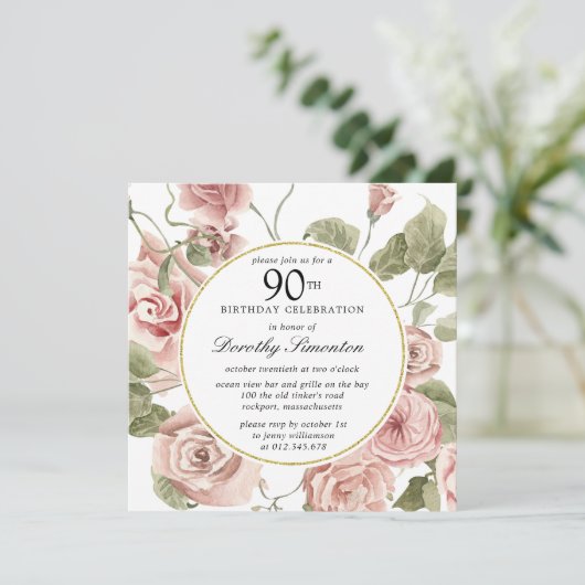 Dusty Pink Rose Floral 90th Birthday Kaart (Staand voorkant)