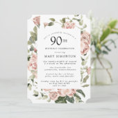 Dusty Pink Rose Floral 90th Birthday Party Invitat Kaart (Staand voorkant)