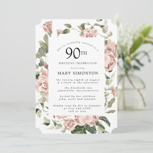 Dusty Pink Rose Floral 90th Birthday Party Invitat Kaart (Staand voorkant)