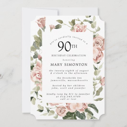 Dusty Pink Rose Floral 90th Birthday Party Invitat Kaart (Voorkant)