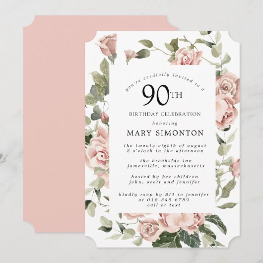 Dusty Pink Rose Floral 90th Birthday Party Invitat Kaart (Voorkant / Achterkant)