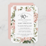 Dusty Pink Rose Floral 90th Birthday Party Invitat Kaart<br><div class="desc">dusty rozen creëer een moderne florale grens op deze uitnodiging van het 90ste verjaardagsfeest .</div>