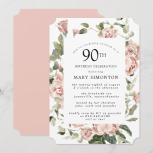 Dusty Pink Rose Floral 90th Birthday Party Invitat Kaart