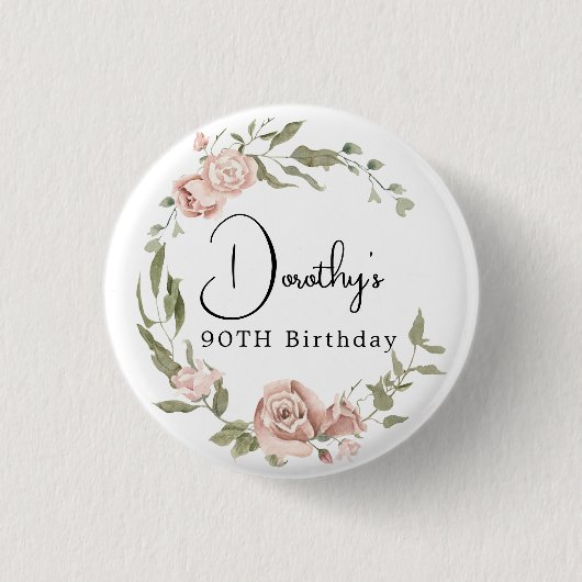 Dusty Pink Rose Floral 90th Birthday Ronde Button 3,2 Cm (Voorkant)