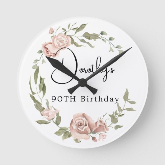 Dusty Pink Rose Floral 90th Birthday Ronde Klok (Voorkant)