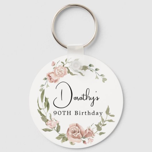 Dusty Pink Rose Floral 90th Birthday Sleutelhanger (Voorkant)
