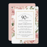 Dusty Pink Rose Floral 90th Gold Birthday Party Kaart<br><div class="desc">stoffige rozen en een elegant gouden lijst creëer een moderne florale grens op deze uitnodiging van het 90e verjaardagsfeest.</div>