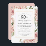 Dusty Pink Rose Floral 90th Gold Birthday Party Kaart<br><div class="desc">stoffige rozen en een elegant gouden lijst creëer een moderne florale grens op deze uitnodiging van het 90e verjaardagsfeest.</div>