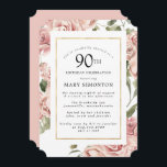 Dusty Pink Rose Floral 90th Gold Birthday Party Kaart<br><div class="desc">stoffige rozen en een elegant gouden lijst creëer een moderne florale grens op deze uitnodiging van het 90e verjaardagsfeest.</div>