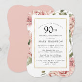 Dusty Pink Rose Floral 90th Gold Birthday Party Kaart (Voorkant / Achterkant)