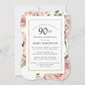 Dusty Pink Rose Floral 90th Gold Birthday Party Kaart (Voorkant)