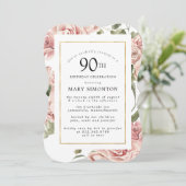 Dusty Pink Rose Floral 90th Gold Birthday Party Kaart (Staand voorkant)