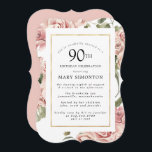 Dusty Pink Rose Floral 90th Gold Birthday Party Kaart<br><div class="desc">stoffige rozen en een elegant gouden lijst creëer een moderne florale grens op deze uitnodiging van het 90e verjaardagsfeest.</div>