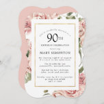 Dusty Pink Rose Floral 90th Gold Birthday Party Kaart<br><div class="desc">stoffige rozen en een elegant gouden lijst creëer een moderne florale grens op deze uitnodiging van het 90e verjaardagsfeest.</div>