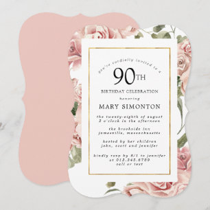 Dusty Pink Rose Floral 90th Gold Birthday Party Kaart