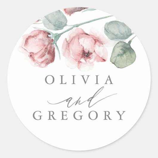 Dusty Pink Rose Floral Elegant Bruiloft Ronde Sticker (Voorkant)