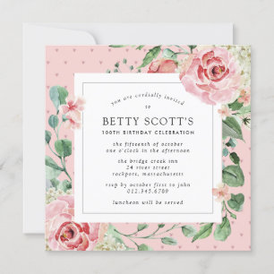 Dusty Pink Rose Floral Square 100th Birthday Party Kaart