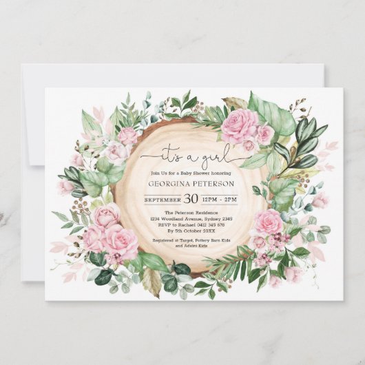 Dusty Pink Rose Garden Botanical Girl Baby shower Kaart (Voorkant)