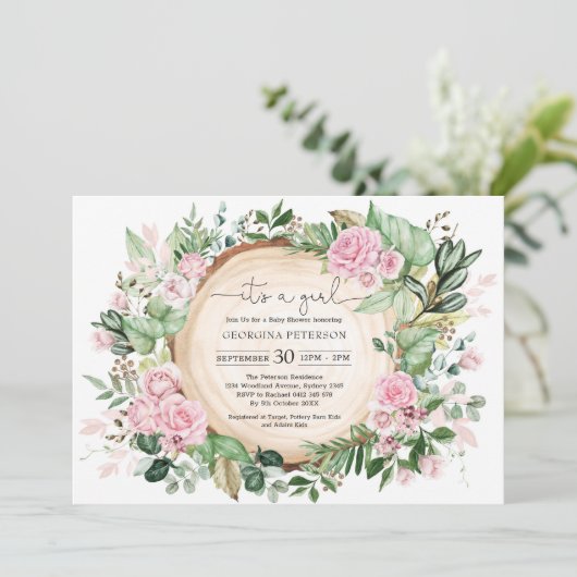 Dusty Pink Rose Garden Botanical Girl Baby shower Kaart (Staand voorkant)
