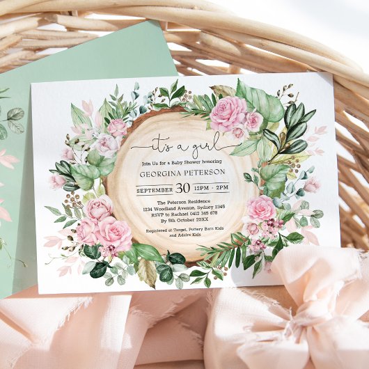 Dusty Pink Rose Garden Botanical Girl Baby shower Kaart