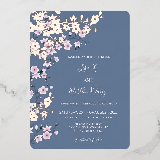 Dusty Pink Rose Gold Cherry Blossom Bruiloft Folie Uitnodiging (Voorkant)