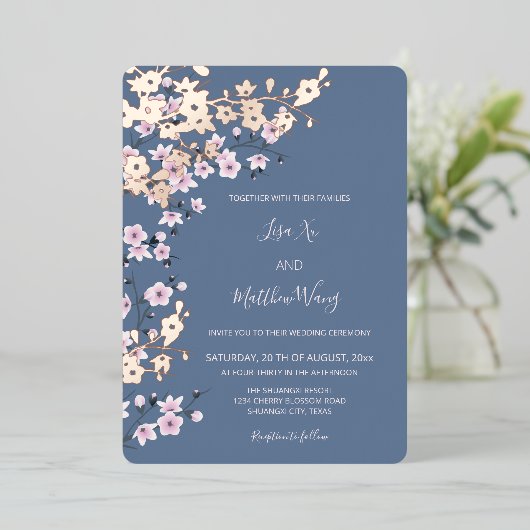Dusty Pink Rose Gold Cherry Blossom Bruiloft Folie Uitnodiging (Staand Voorkant)