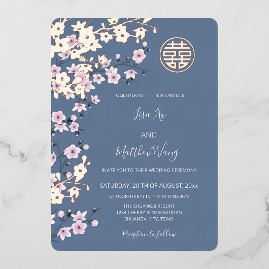 Dusty Pink Rose Gold Chinese bruiloft Folie Uitnodiging (Voorkant)