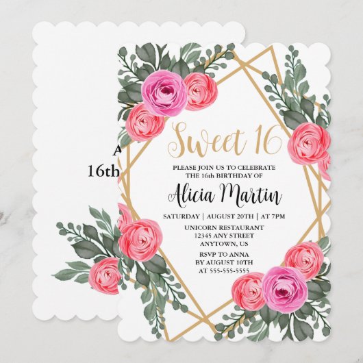 Dusty Pink Rose Groen Flora Goud Zoet 16 Kaart (Voorkant / Achterkant)