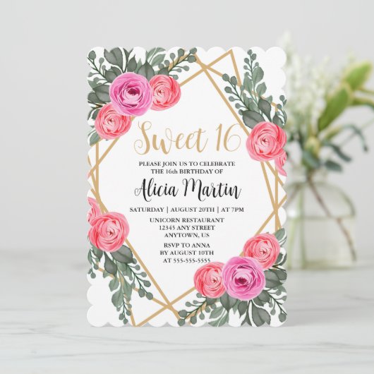 Dusty Pink Rose Groen Flora Goud Zoet 16 Kaart (Staand voorkant)