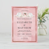Dusty Pink Rose Kleur Thema met zwanen Bruiloft Kaart (Staand voorkant)