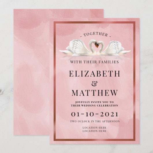 Dusty Pink Rose Kleur Thema met zwanen Bruiloft Kaart (Voorkant / Achterkant)