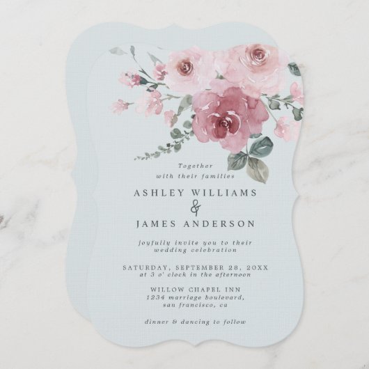 Dusty Pink Rose Light Blue Wedding Kaart (Voorkant / Achterkant)