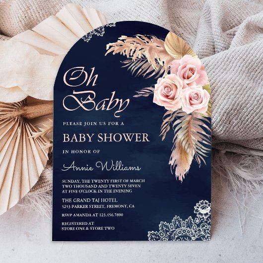Dusty Pink Rose Pampas Grass Navy Arch Baby shower Kaart