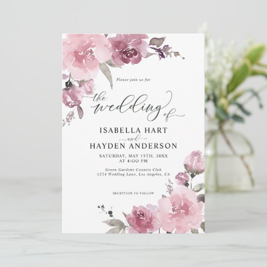Dusty Pink Rose Pastel Floral Mauve Flower Wedding Kaart (Staand voorkant)