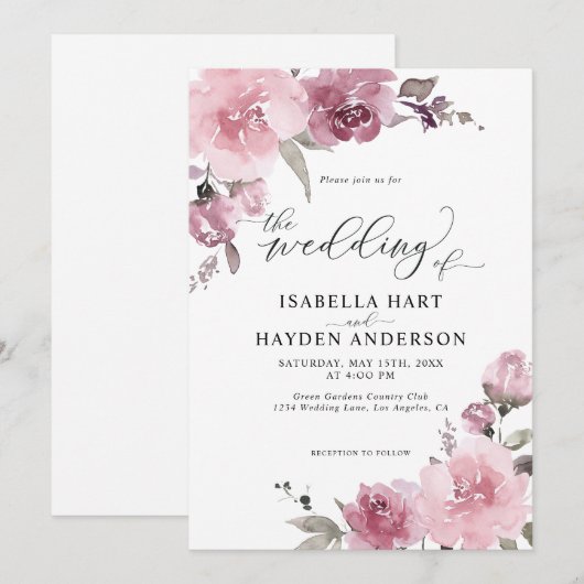 Dusty Pink Rose Pastel Floral Mauve Flower Wedding Kaart (Voorkant / Achterkant)