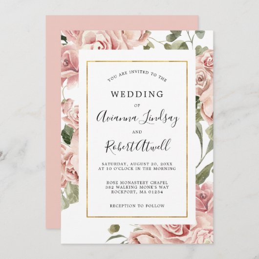 Dusty Pink Rose Rustic Floral Wedding Invitation Kaart (Voorkant / Achterkant)